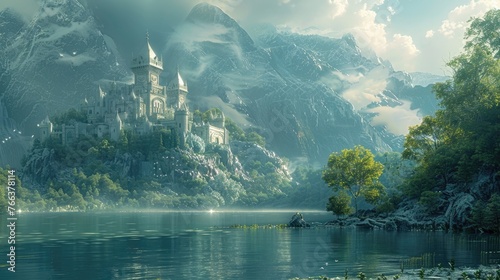 Majestic Fog-Shrouded Castle Nestled in Mountainous Landscape with Tranquil Lake Reflection