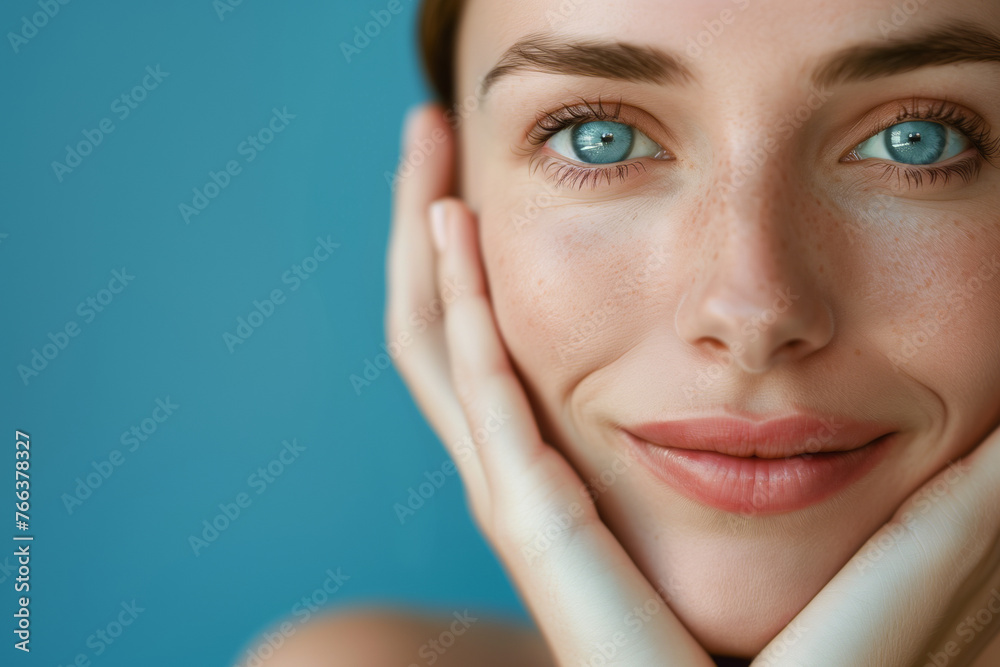 Radiant Beauty Portrayed Through a Serene Smile and Striking Blue Eyes in an Extreme Close-Up Shot Radiant Beauty Portrayed Through a Serene Smile and Striking Blue Eyes in an Extreme Close-Up Shot