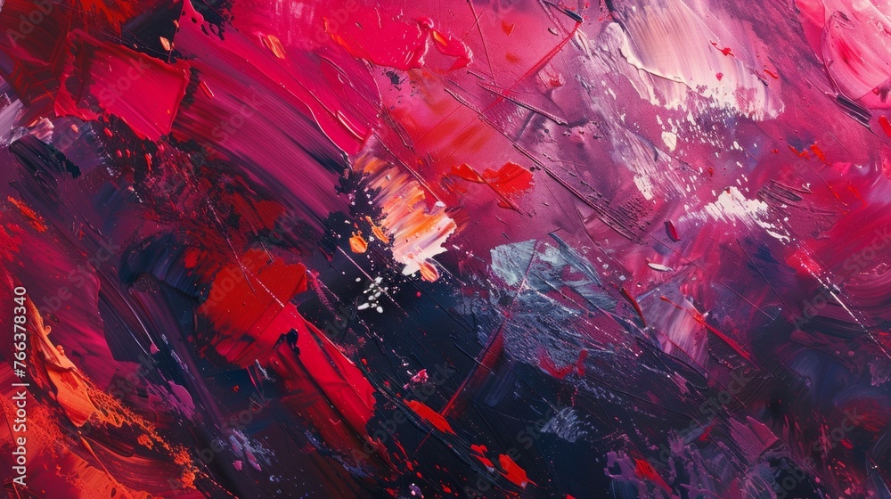 Vivid red and magenta strokes on a textured canvas, with abstract artistry and dynamic contrasts.