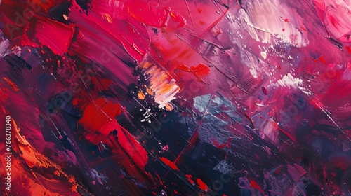 Vivid red and magenta strokes on a textured canvas, with abstract artistry and dynamic contrasts.