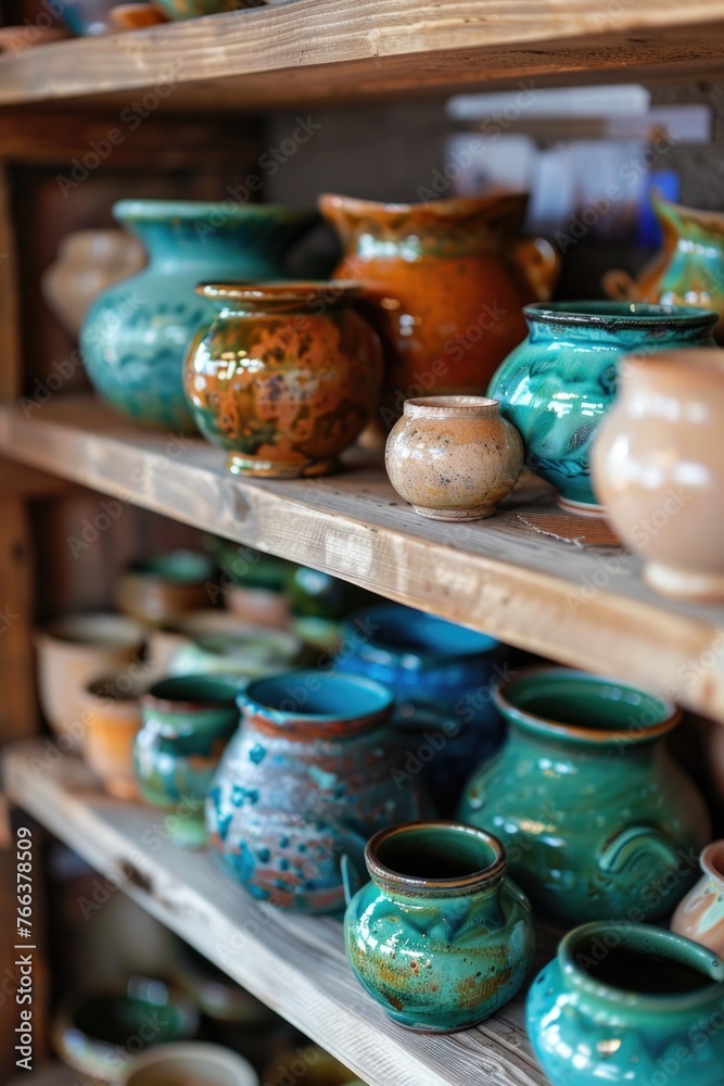 A shelf full of colorful ceramic vases and bowls. The vases are of various sizes and colors, including green, blue, and orange. The shelf is made of wood