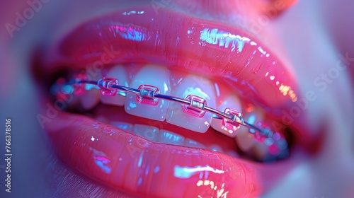 white teeth with braces. Dental care photo. Beauty woman smile with ortodontic accessories. Orthodontics treatment. Closeup of healthy female mouth