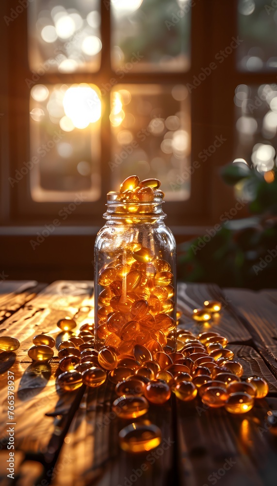 The setting sun casts a golden glow through a glass jar spilling vitamin capsules onto a wooden table, emphasizing health and well-being.