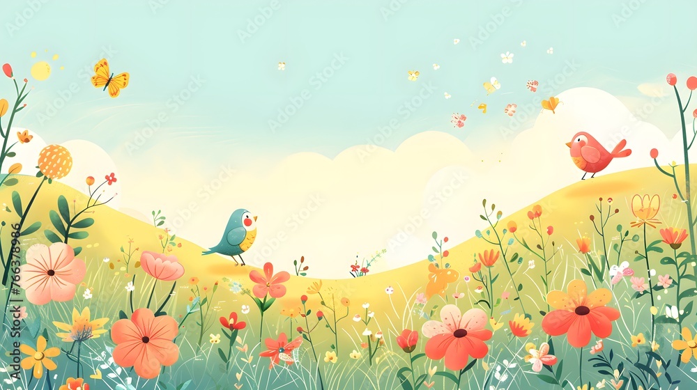 Bright and joyful birds with colorful butterflies in a vibrant springtime flower field under a sunny sky.