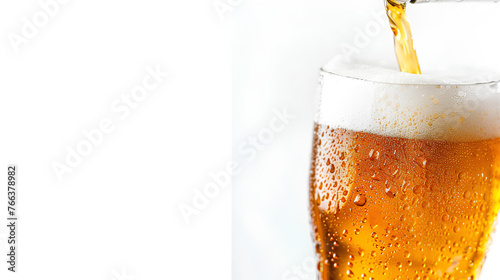 Beer is poured into a glass, close-up on a white background. Craft beer serving, beer bottling technique.