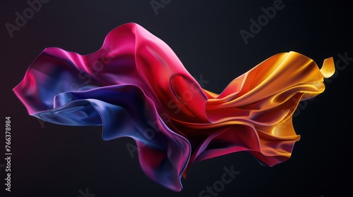 A colorful abstract shape against a black background is depicted in an abstract minimalist style, resembling photorealistic details of flowing fabrics. 