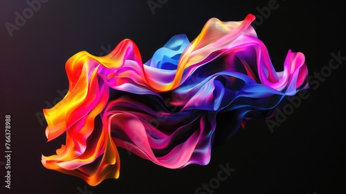 A colorful abstract shape against a black background, resembling photorealistic details of flowing fabrics, in an abstract minimalist style