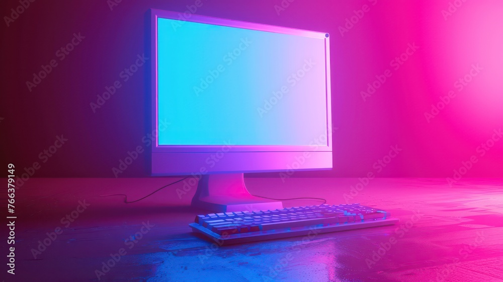  3D rendering showcases the blank screen of an old desktop PC, illuminated by bright retro lighting colors