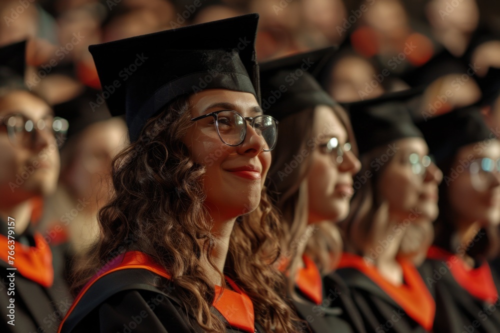 Obraz premium A woman in a graduation gown is smiling at the camera. She is surrounded by other graduates in their graduation gowns