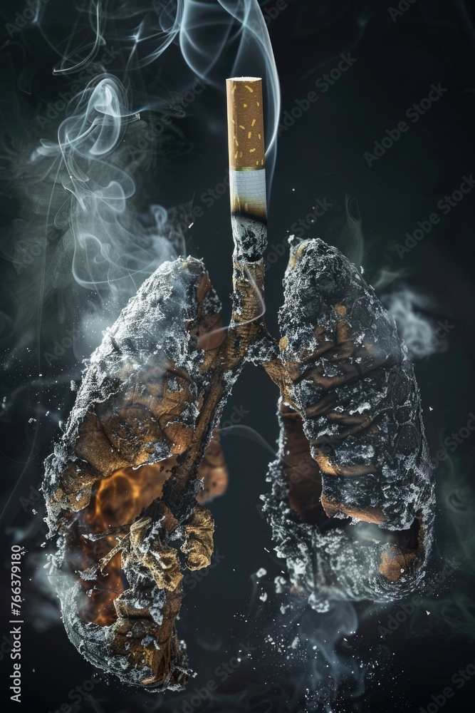 A close up of a lung with a cigarette in it. The lung is black and charred, and the smoke from the cigarette is visible. Concept of the harmful effects of smoking on the body - obrazy, fototapety, plakaty 