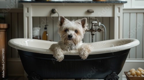 happy, beautiful, playful adorable westie with bubbles on his face in black oversized Cambridge cast iron double-ended clawfoot tub