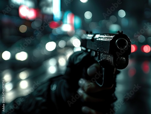 Policeman holding gun in the city at night for law enforcement concept