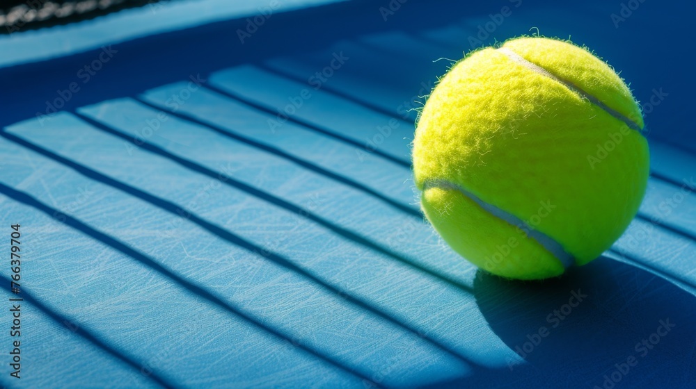 A tennis ball is placed on the court, with sunlight shining through the blue cloth and casting shadows