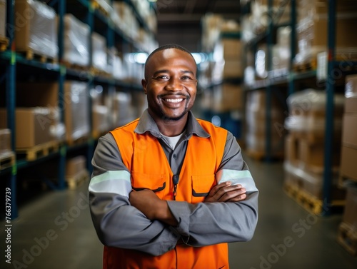 Cheerful male warehouse worker smiling and crossing arms at camera