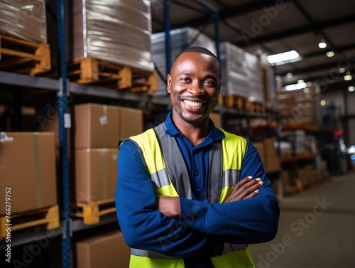 Cheerful male warehouse worker smiling and crossing arms at camera