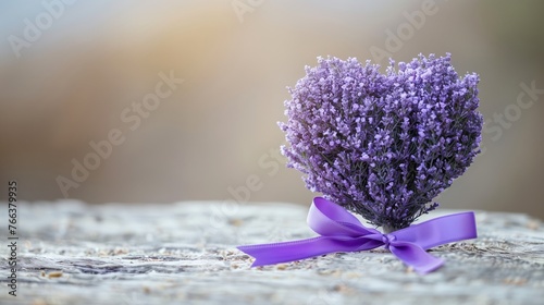 Bouquet of lavender flowers tied with a purple ribbon on a textured surface with a soft-focus background  conveying a sense of calmness or an elegant Mother s Day gift concept