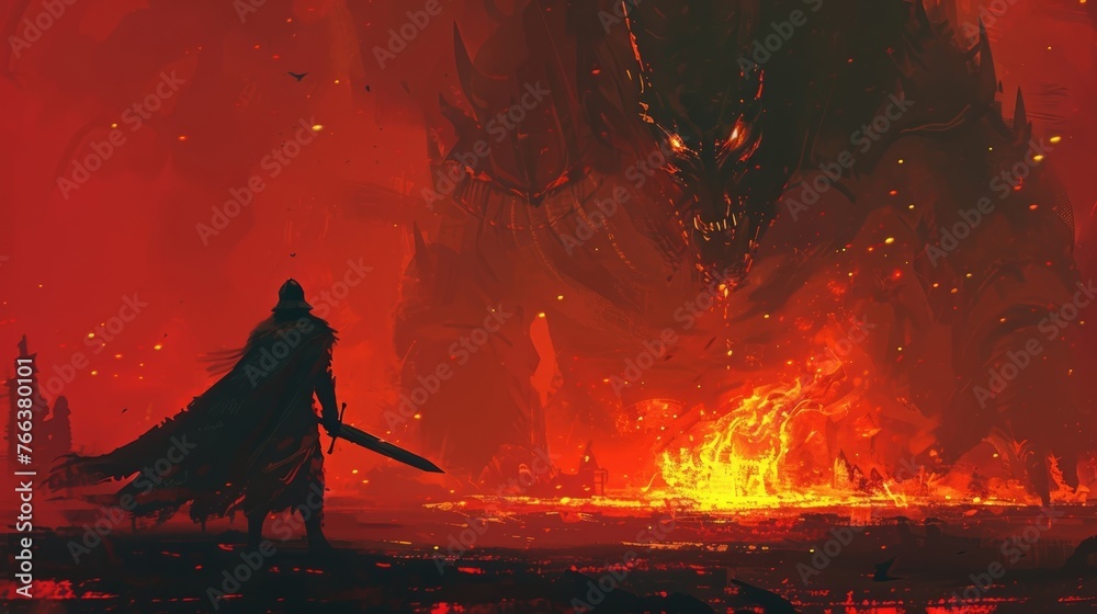 Obraz premium The brave knight, sword in hand, stands ready to battle the fierce lava demon in the fiery depths of hell, captured in a stunning digital painting.