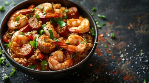 Savory shrimp jambalaya in a black bowl with sausage slices, bell peppers, and fresh herbs, on a dark rustic background  ideal for Mardi Gras or Cajun cuisine themes
