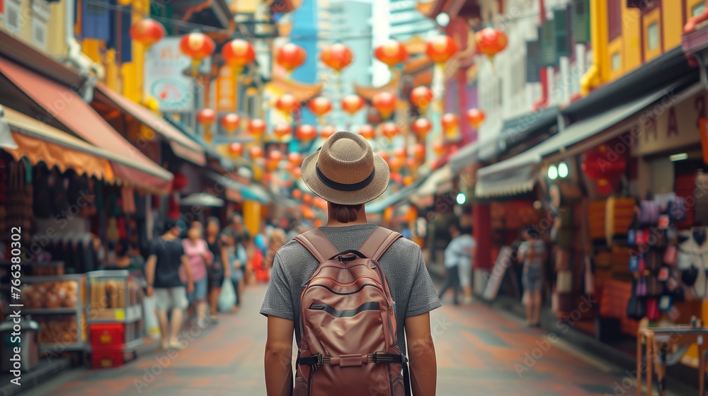 Traveler with a backpack exploring a vibrant Asian street market adorned with red lanterns, possibly during a festive occasion like Chinese New Year