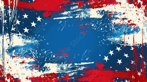 A frame of paint splashes in red and blue colors with white stars, resembling an abstract representation of the USA flag
