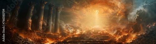 The flames dance on ancient pillars, casting eerie shadows on the stone steps leading to the fiery font, a haunting vision in this fantasy realm.