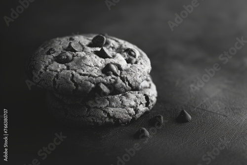 A cookie with chocolate chips on top of another cookie. The image has a black and white color scheme