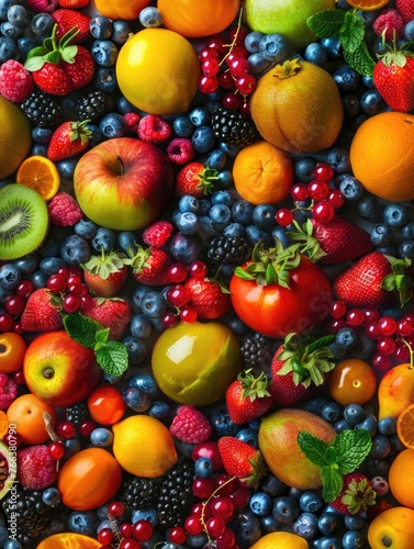 A colorful assortment of fruits and vegetables, including apples, oranges, strawberries, blueberries, and kiwis