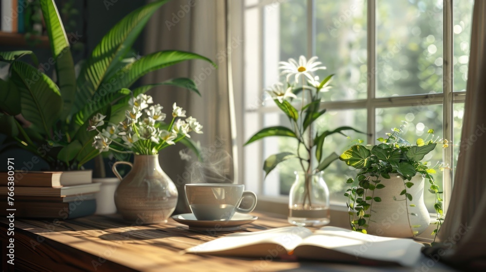 A table with a vase of flowers, a cup of coffee, and a book. Scene is calm and relaxing
