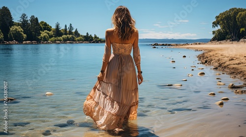 A beautiful woman in an elegant long dress looks at the sea waves on a serene sandy summer beach, rear view, Generative AI.