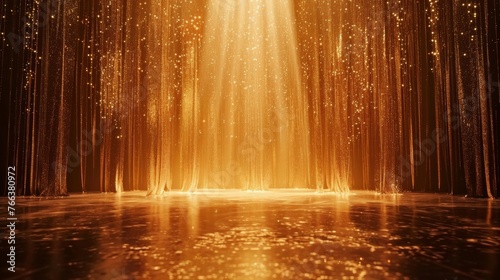 Gold glitter and starry lights create a luxurious backdrop for a glamorous ceremony on the golden stage.