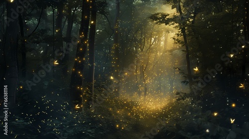 A dense, mystical forest illuminated by the soft glow of fireflies, creating a magical and enchanting ambiance. © Nature