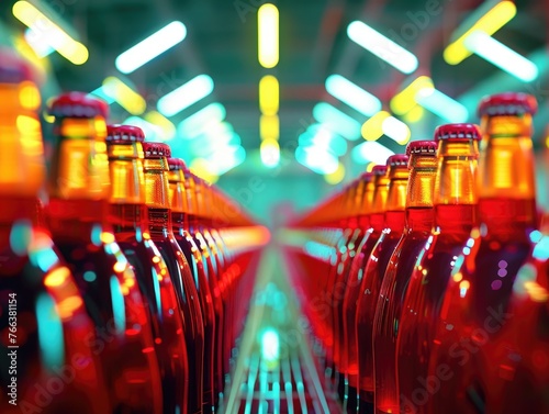 A row of bottles of beer are lined up on a conveyor belt. The bottles are all the same color and are all red