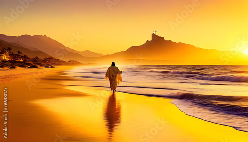 A person walking on a beach with a mountain in the background and a yellow sunset sky