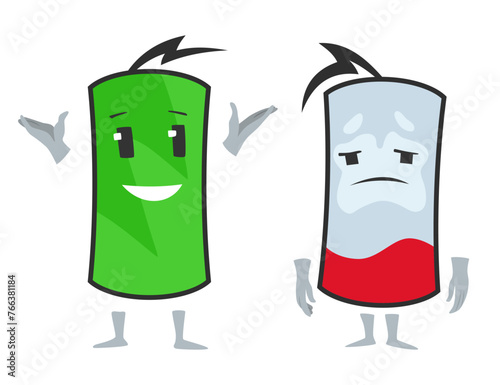 Low battery and full battery. Battery charge indicator icons. Discharged and fully charged battery. Accumulator indicator power level, vector illustration
