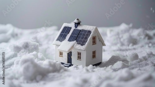 a miniature model of a house with solar panels on the roof, surrounded by snow. Concept: renewable energy, energy efficiency in winter