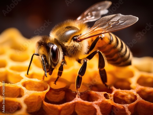 Close-up macro shot of a bee collecting nectar from honeycomb