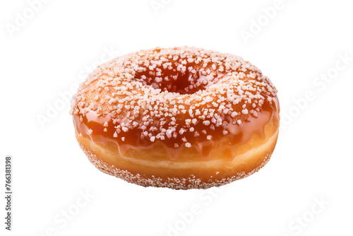 A single donut bun floating in the air, isolated on a white background with no shadows. The donut roll is round and covered entirely in sugar dust