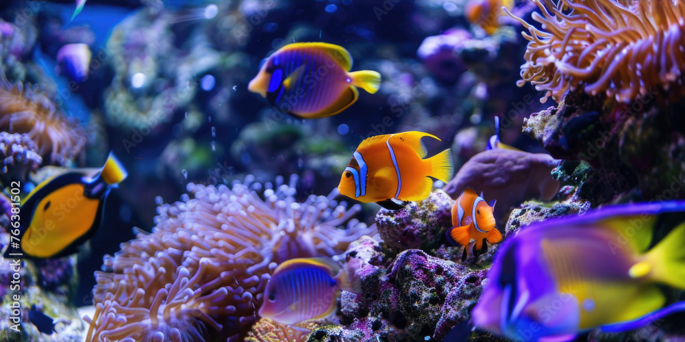 Fototapeta premium A colorful fish tank with a variety of fish, including a yellow and orange fish. The tank is filled with coral and rocks, creating a vibrant and lively atmosphere