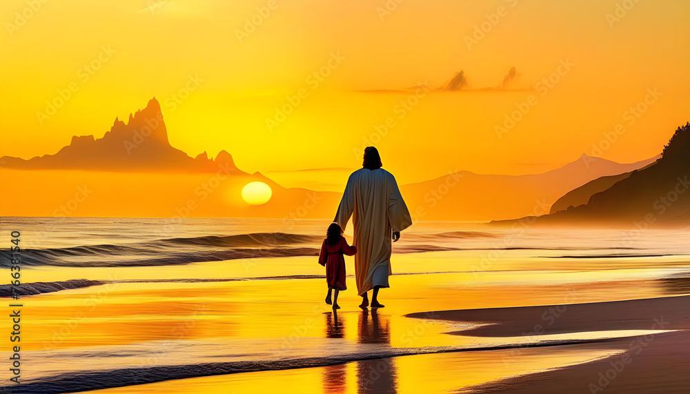 A person walking on a sandy beach towards a bright yellow sunset over a mountain range