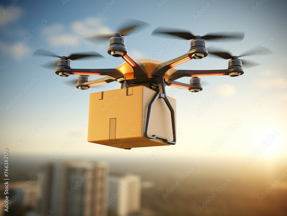 A drone delivering a package at height, demonstrating efficient and rapid delivery process