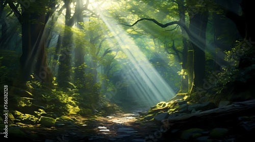 A dense forest with sunbeams piercing through the canopy  creating an ethereal and otherworldly atmosphere.