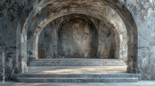 Grand stone platform extending through an arched doorway in a fantasy medieval castle interior, 3D rendered. © Janjira