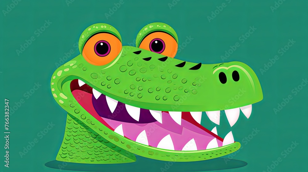 A crocodile's head and upper body, mouth wide open, teeth showcased, top-down shot, cartoon minimal cute flat design