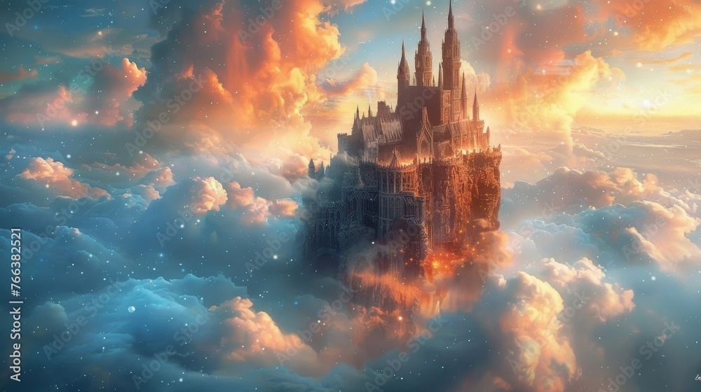 A dark and mysterious castle floats among the clouds, its gothic spires reaching up to the sky in a hauntingly beautiful display of architectural wonder. - obrazy, fototapety, plakaty 