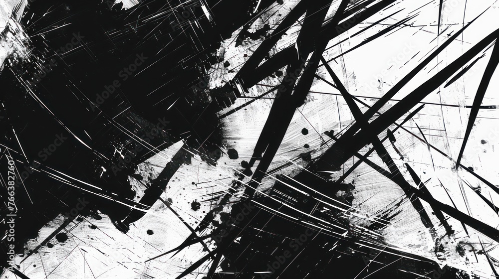 Abstract black and white art background featuring brush strokes and a noise effect