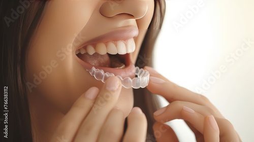 Young Caucasian woman inserting a dental aligner. Close-up view. The aligner adjusts, creating harmony in her smile.