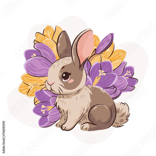 Uroczy królik i krokusy. Bukiet wiosennych kwiatów i słodki zwierzak na jasnym tle. Wiosenna ilustracja wektorowa.