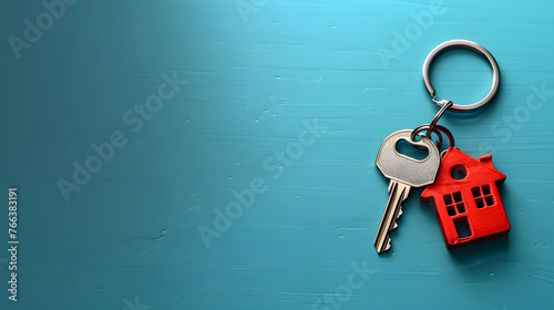 Wooden red House and keys on blue background, copy space for text © Moritz