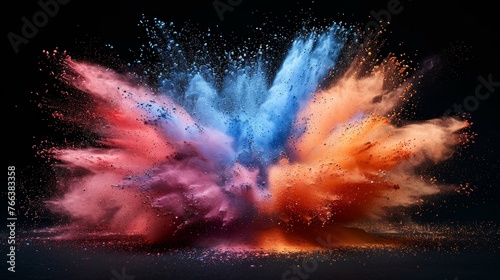 Holi paint color powder explosion isolated on dark black background. A beautiful design concept for a party.