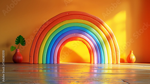 A rainbow arc creates a portal of joy in a vibrant room.